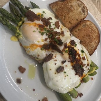 The Press - Crispy bacon, Sunny side eggs & ham w/ dijonaise over a bed of asparagus + 2 perfectly crispy slices of sourdough toast. - Coffee & Tea Near Me - Livermore, California The Press - Crispy bacon, Sunny side eggs & ham w/ dijonaise over a bed of asparagus + 2 perfectly crispy slices of sourdough toast. - Coffee & Tea Near Me - Livermore, California