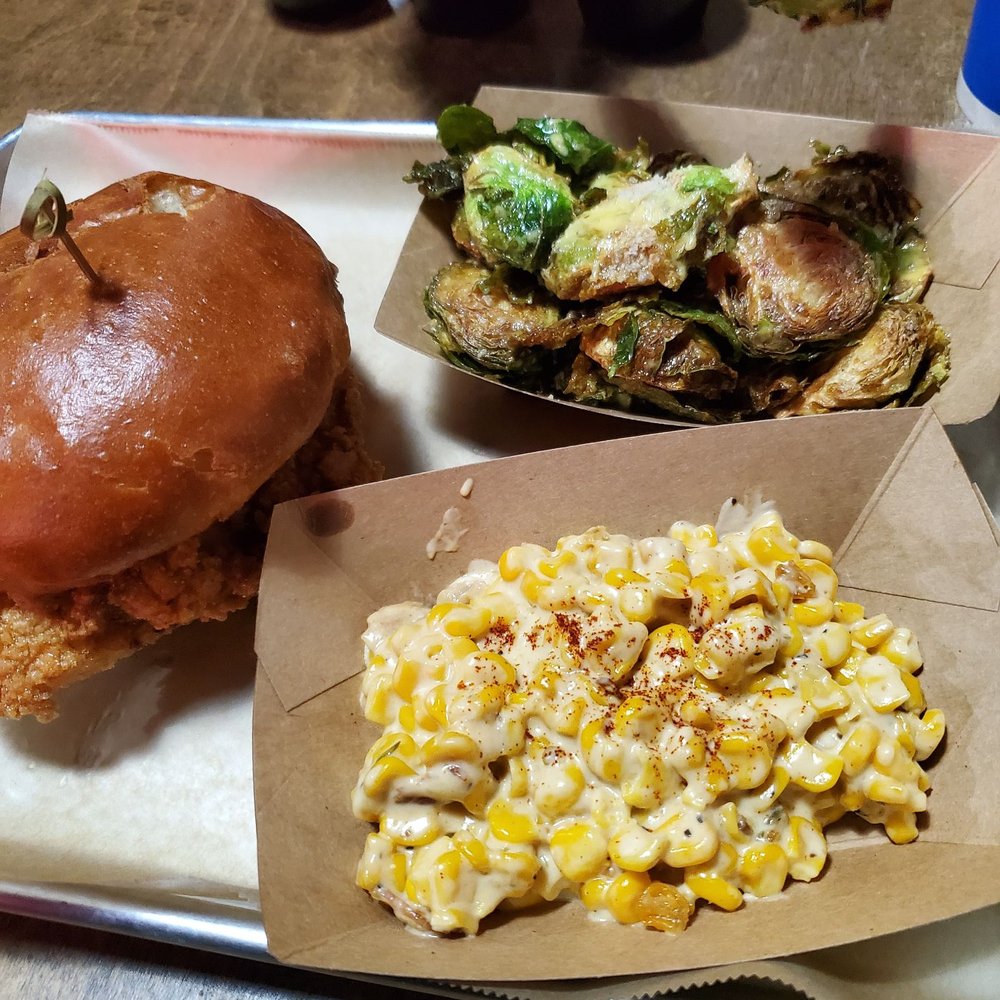 Brew Bird - Fargo hot chicken sandwich, jalapeno corn, and brussel sprouts from brewbird - New American Near Me - Fargo, North Dakota Brew Bird - Fargo hot chicken sandwich, jalapeno corn, and brussel sprouts from brewbird - New American Near Me - Fargo, North Dakota