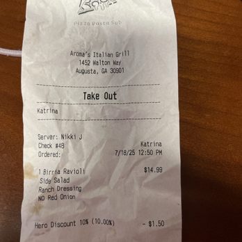 Aroma’s Italian Grill - Receipt - Italian Near Me - Augusta, Georgia