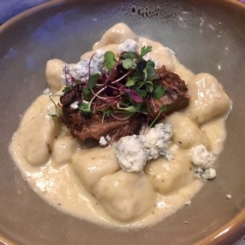 Woodblock - Gnocchi with beef and blue cheese sauce - Cocktail Bars Near Me - Redmond, Washington