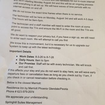 SpringHill Suites by Marriott Phoenix Glendale/Peoria - This is the letter that was left under my door while I was out for the day. - Hotels Near Me - Glendale, Arizona SpringHill Suites by Marriott Phoenix Glendale/Peoria - This is the letter that was left under my door while I was out for the day. - Hotels Near Me - Glendale, Arizona