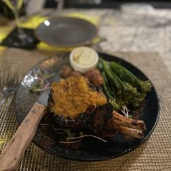 Olesia's Taverne - Pork chop with BBQ rub and peach chutney