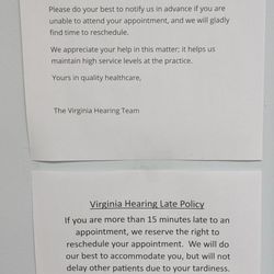 Virginia Hearing - This is the info of their policies on the wall inside. Photo taken July 8, 2025.