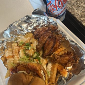 DurtyBirds Chicken Coop - Fried salmon sandwich, wings, loaded fries and a faygo - Sandwiches Near Me - Atlanta, Georgia