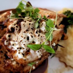 River 128 Restaurant - Delicious Roasted Chicken breast with goat cheese, mash, brocollini, baby carrots and sweet mustard sauce. This dish is recommended by us