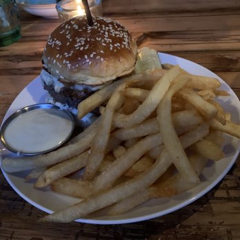 The Dapper Goose - Burger with dill mayo, onion jam, from age fort and fries. All made in house. - New American Near Me - Buffalo, New York The Dapper Goose - Burger with dill mayo, onion jam, from age fort and fries. All made in house. - New American Near Me - Buffalo, New York