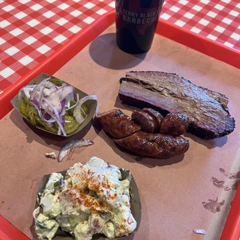 Terry Black's Barbecue - Brisket, jalapeño cheddar sausage link, potato salad & pickles/onions - Barbeque Near Me - Austin, Texas Terry Black's Barbecue - Brisket, jalapeño cheddar sausage link, potato salad & pickles/onions - Barbeque Near Me - Austin, Texas