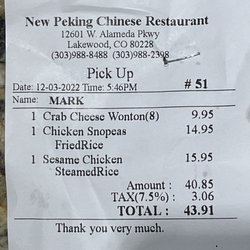 New Peking Restaurant - Compare these prices actually paid to the prices shown on Yelp for this restaurant. Not close.