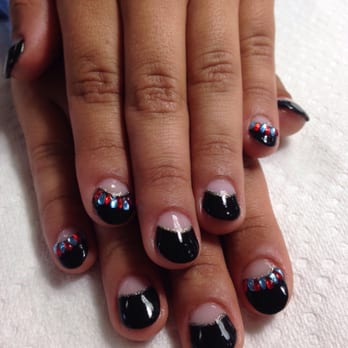 Nail Time - Reverse French with blue and red gems - Nail Salons Near Me - Englishtown, New Jersey Nail Time - Reverse French with blue and red gems - Nail Salons Near Me - Englishtown, New Jersey