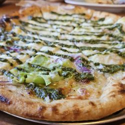 Three Forks Bakery & Brewing - Close-up of the Trombetta Squash & Genovese Pesto Pizza