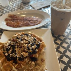 Caleri's Cafe & Bakery - Roanoke - Black berry waffles, raspberry latte and bacon