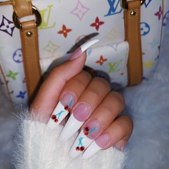 HN Passion Nails - Acrylic French nail set with gemstone cherries - Nail Salons Near Me - Glendale, California