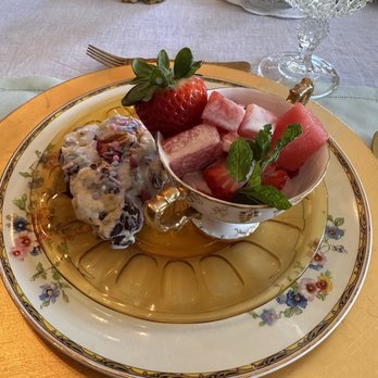 Hillcrest Mansion Inn - Homemade scone with watermelon and strawberry salad with mint - Bed & Breakfast Near Me - Clifton Forge, Virginia