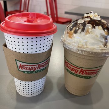 Krispy Kreme - Medium hot caramel mocha latte & Medium frozen mocha latte. - Donuts Near Me - Gardena, California Krispy Kreme - Medium hot caramel mocha latte & Medium frozen mocha latte. - Donuts Near Me - Gardena, California