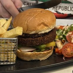 Mister Chips - Vegetarian Hawaiian burger with chips and salad