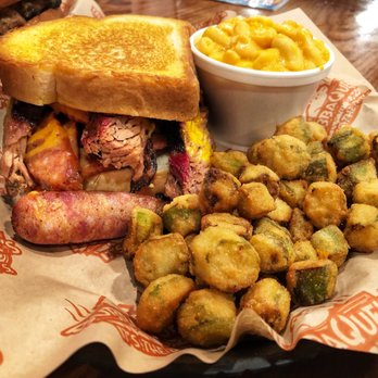 BubbaQue's - The Bessie's Best sammich with brisket, smoke sausage, and cheddar cheese. Fried okra and Mac n cheese on the side! - Barbeque Near Me - Sun City Center, Florida BubbaQue's - The Bessie's Best sammich with brisket, smoke sausage, and cheddar cheese. Fried okra and Mac n cheese on the side! - Barbeque Near Me - Sun City Center, Florida