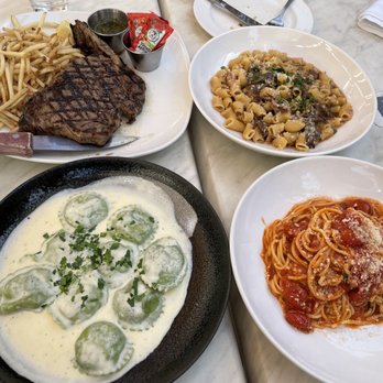 Doppio Zero Concord Veranda - Clockwise starting from top left: medium steak & fries, oxtail pasta, tomato pasta, spinach & mushroom ravioli - Italian Near Me - Concord, California Doppio Zero Concord Veranda - Clockwise starting from top left: medium steak & fries, oxtail pasta, tomato pasta, spinach & mushroom ravioli - Italian Near Me - Concord, California