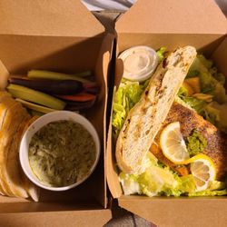 Artichoke dip. Caesar salad w salmon.