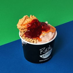 Rush Bowls - PB&J Bowl - Banana, Strawberry, PB, Milk Choice, Froyo | Topping: Granola, Honey + 1 additional topping