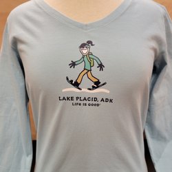 Life is Good - Lake Placid - Women's Crusher Long Sleeve V -Jackie Snowshoe Lake Placid available in store or call (518) 837-5509