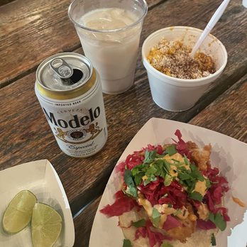 Petiscos - Fish taco, Street Corn soup, Negro Modelo, and horchata - Tacos Near Me - Claremont, California Petiscos - Fish taco, Street Corn soup, Negro Modelo, and horchata - Tacos Near Me - Claremont, California
