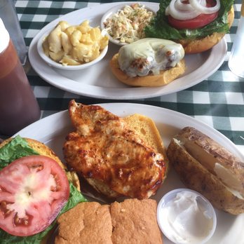 Barnstormer Barbeque - Burger with Cole slaw and mac and grilled chicken bbq sandwich with cornbread and a baked potato. All very tasty!!!!! - Barbeque Near Me - Fort Montgomery, New York
