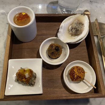 Mari - Hansang (ACORN JELLY, OYSTER, EGGPLANT JEON, WAGYU TARTARE, CRISPY EGG RICE) - Korean Near Me - New York, New York Mari - Hansang (ACORN JELLY, OYSTER, EGGPLANT JEON, WAGYU TARTARE, CRISPY EGG RICE) - Korean Near Me - New York, New York