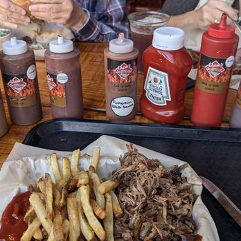 Adam's Rib Smoke House - "Low carb" brisket with the sauces arranged around the side for illustration. - Barbeque Near Me - Salem, Oregon Adam's Rib Smoke House - "Low carb" brisket with the sauces arranged around the side for illustration. - Barbeque Near Me - Salem, Oregon