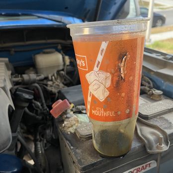 Take 5 Oil Change - Burning hole from plastic Shlotskys cup that was catching fire after being left in my engine - Oil Change Stations Near Me - New Braunfels, Texas Take 5 Oil Change - Burning hole from plastic Shlotskys cup that was catching fire after being left in my engine - Oil Change Stations Near Me - New Braunfels, Texas