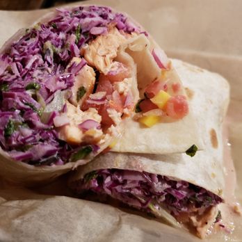 FISH DISTRICT - Traditional style wrap with salmon and avocado. Delicious but way too soggy. - Seafood Near Me - San Diego, California