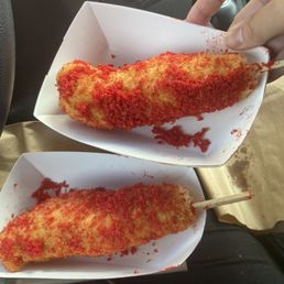 Hot Cheeto mozzarella corn dog Hot Cheeto mozzarella corn dog