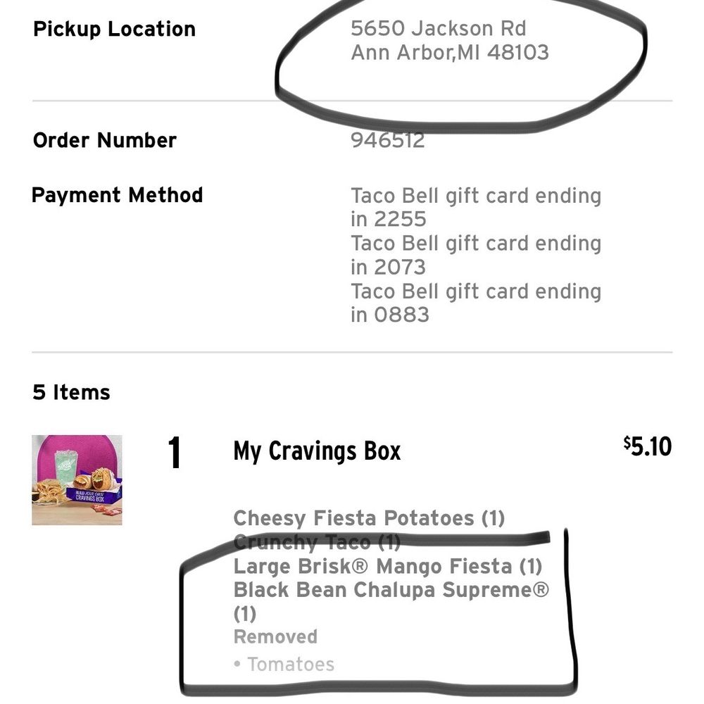 Receipt stating no tomatoes, location, and time. Receipt stating no tomatoes, location, and time.