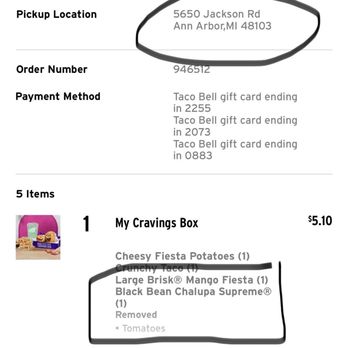 Taco Bell - Receipt stating no tomatoes, location, and time. - Fast Food Near Me - Ann Arbor, Michigan Taco Bell - Receipt stating no tomatoes, location, and time. - Fast Food Near Me - Ann Arbor, Michigan