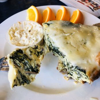 Bluffington's Cafe - Mushroom, Spinach Quiche.  I asked for Harvati instead of Swiss.  Loved it! Huge slice!   Side: Amazing potato salad - Cafes Near Me - Lake Bluff, Illinois
