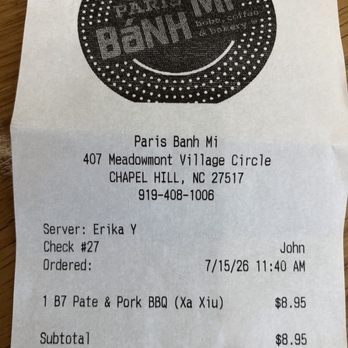 Paris Banh Mi - Receipt - Vietnamese Near Me - Chapel Hill, North Carolina Paris Banh Mi - Receipt - Vietnamese Near Me - Chapel Hill, North Carolina