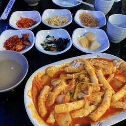 Free refills on the banchan, all of them are soooo good. Miso soup & cheese tteokbokki also pictured. Free refills on the banchan, all of them are soooo good. Miso soup & cheese tteokbokki also pictured.
