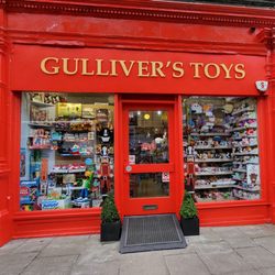 Gullivers Toys - Red shop front of Gulliver's toys, toy shop