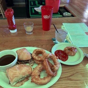 Hideaway Bar & Grill - This is the Philly steak with onion rings. I did not get a picture of the hot wings, I ate them too fast. - Bars Near Me - Castle Rock, Colorado