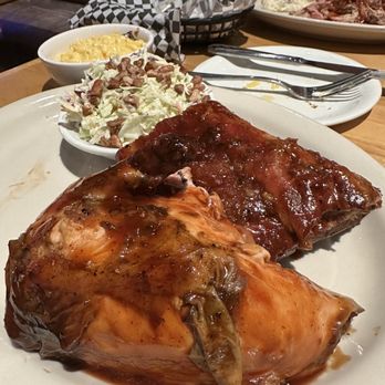 Bobby Q - My dinner: 2 meat combo with Yardbird Rotisserie Chicken, baby back ribs and Mac and cheese with coleslaw. - Barbeque Near Me - Phoenix, Arizona Bobby Q - My dinner: 2 meat combo with Yardbird Rotisserie Chicken, baby back ribs and Mac and cheese with coleslaw. - Barbeque Near Me - Phoenix, Arizona