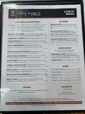 Menu photo 2 Abby Singer's Bistro Shreveport, LA