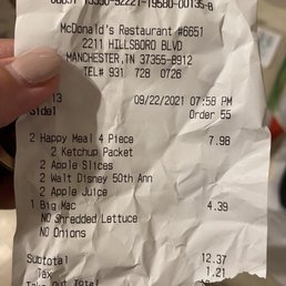 Receipt for the happy meals and Big Mac that specifically says no Lettuce or onions Receipt for the happy meals and Big Mac that specifically says no Lettuce or onions