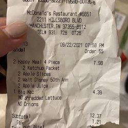 McDonald's - Receipt for the happy meals and Big Mac that specifically says no Lettuce or onions