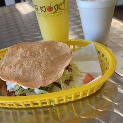 El Kiosko 7 - Elote Entero, 44. Tostada de Tinga (Spicy) and Aguas Frescas (Pina)