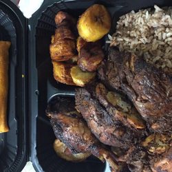 Island Pride Food Market - Jerk chicken, plantains, rice and peas (beans), beef patty.