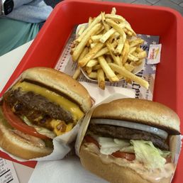 Double Double Animal Style and a Hamburger with fries.