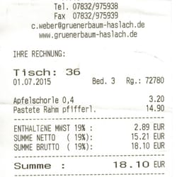 Gasthaus zum Grünen Baum - Rechnungsbeleg
