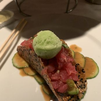 Linwoods - tuna tartare was cubed tuna with a slice of avacado. hidden away.  The shell was unique and crispy delicious - New American Near Me - Owings Mills, Maryland