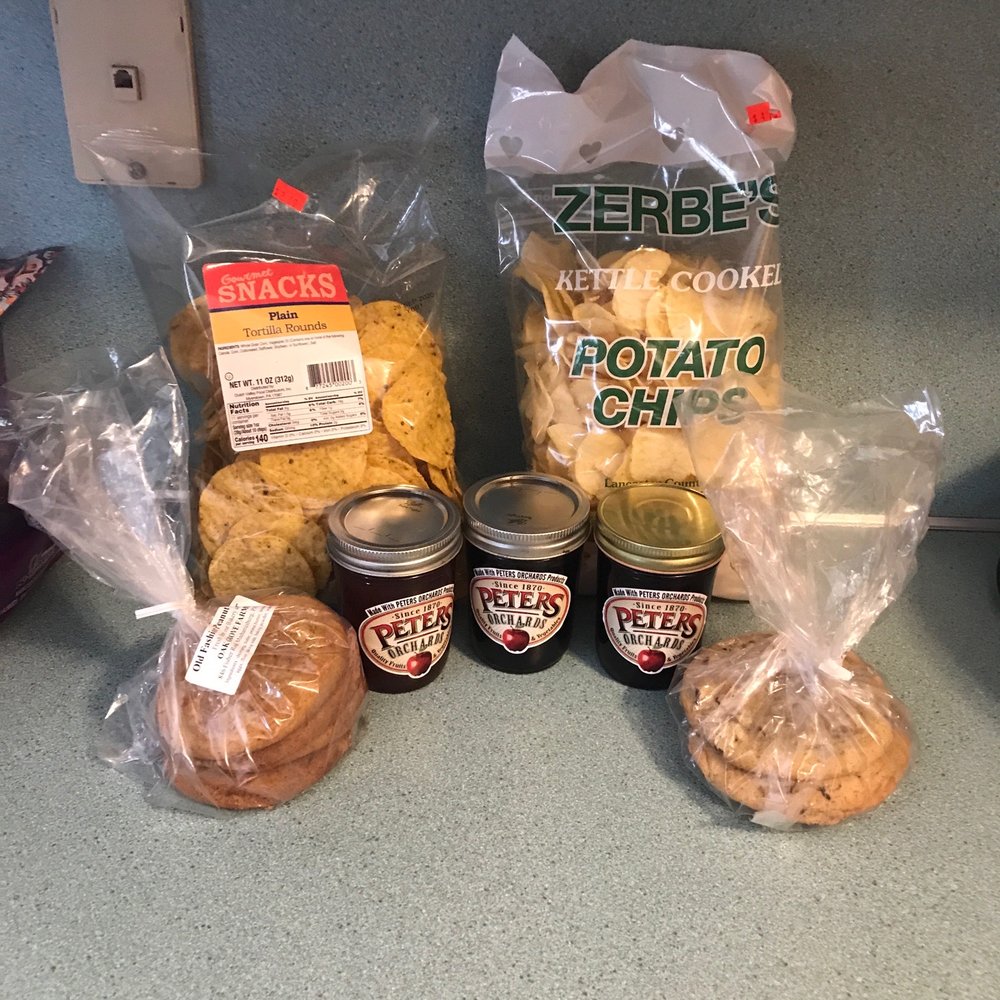 a variety of food items on a counter