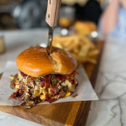 Lula Mae Bistro - Double Burger with cheese. grilled onions and jalapenos and bacon