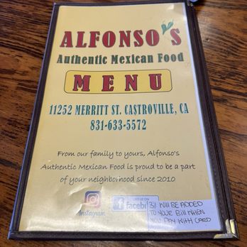 Alfonso's Authentic Mexican Food - Menu apr 2025 pg 1 - Mexican Near Me - Castroville, California